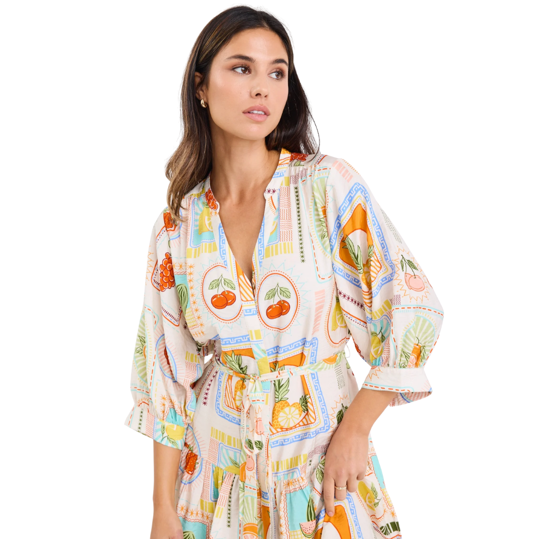 Adoration Tropical Postcard Short Sleeve Button Front Mini Dress