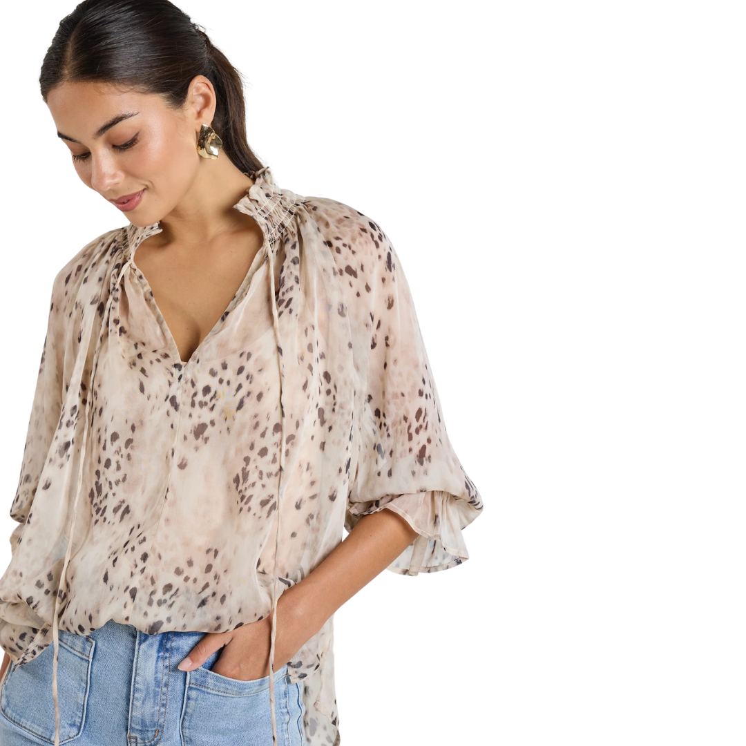 Odyssey Beige Leopard Georgette Shirred Neck LS Top - Beige Leopard