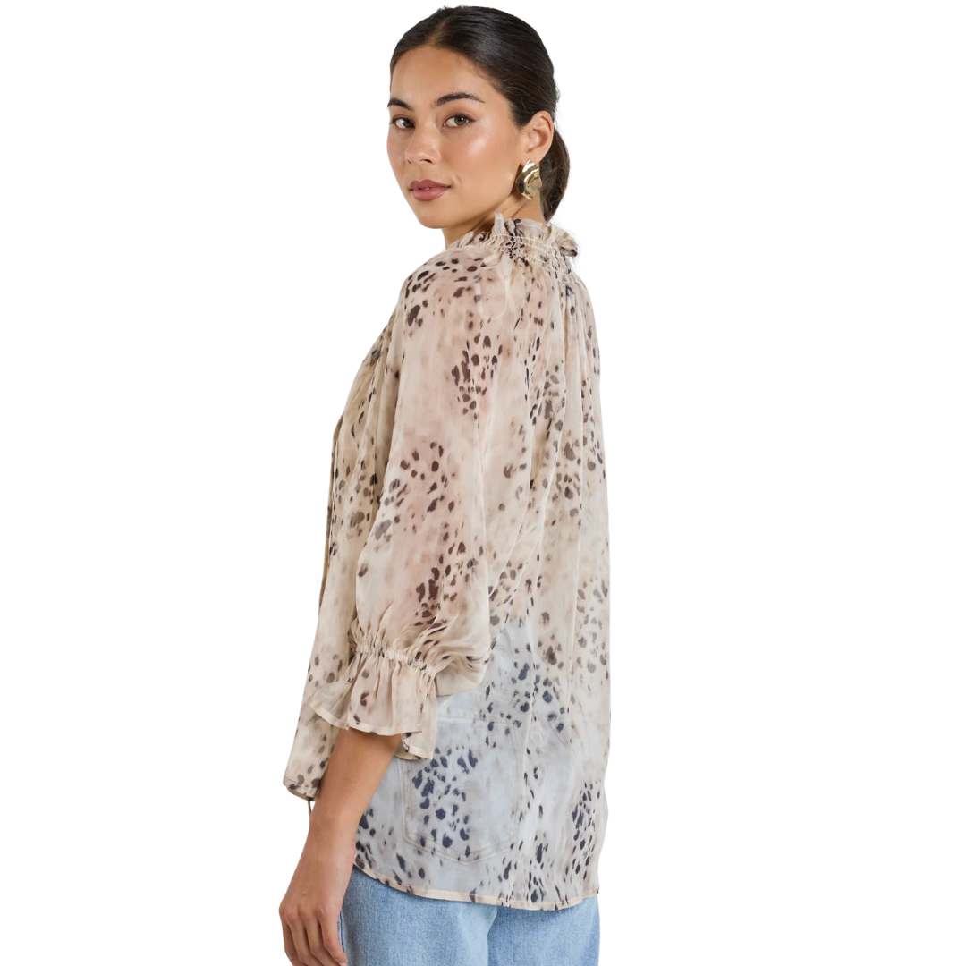 Odyssey Beige Leopard Georgette Shirred Neck LS Top - Beige Leopard