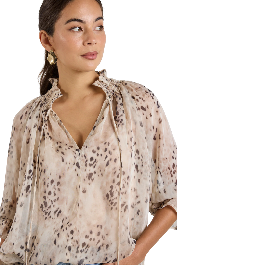 Odyssey Beige Leopard Georgette Shirred Neck LS Top - Beige Leopard