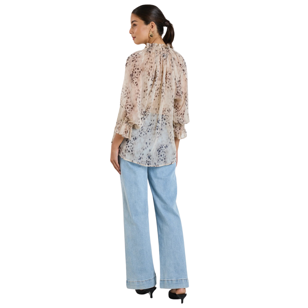 Odyssey Beige Leopard Georgette Shirred Neck LS Top - Beige Leopard
