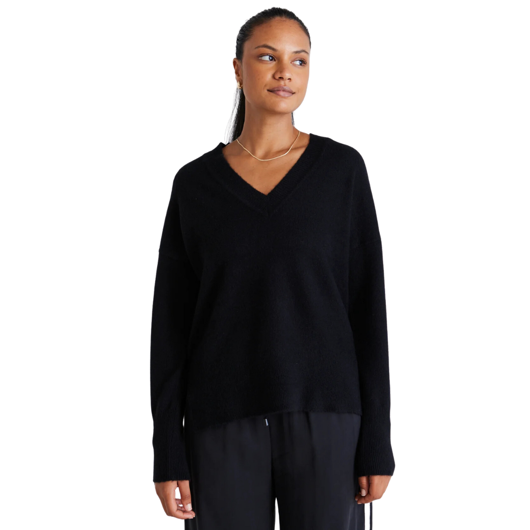Quinn Black V Neck Fine Knit Jumper