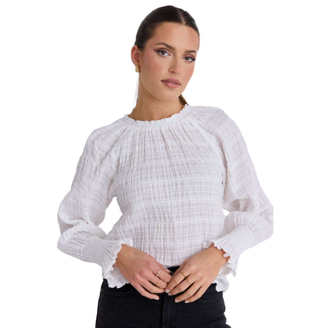 Sonnet White Shirred Cotton High Neck Top