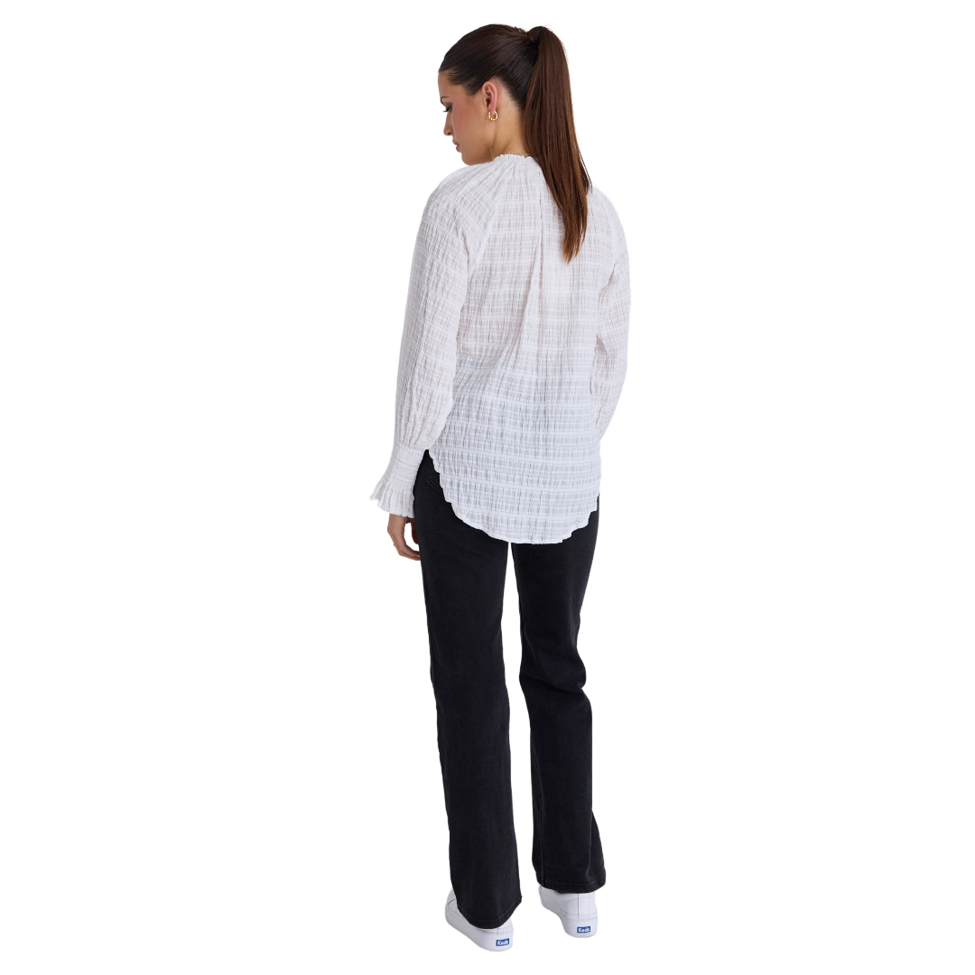 Sonnet White Shirred Cotton High Neck Top