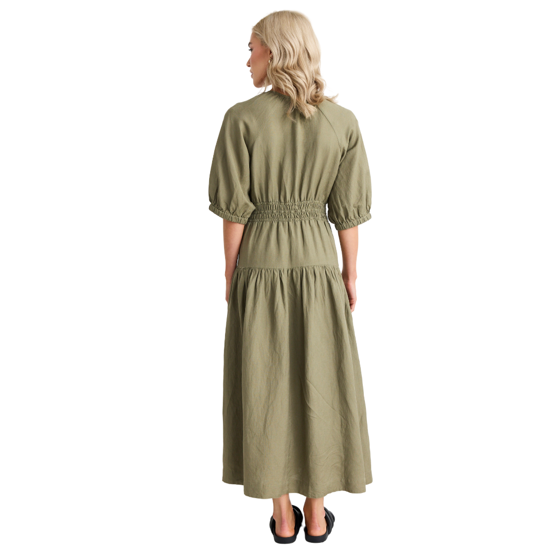 Retreat Soft Khaki Linen Blend SS Tiered Maxi Dress