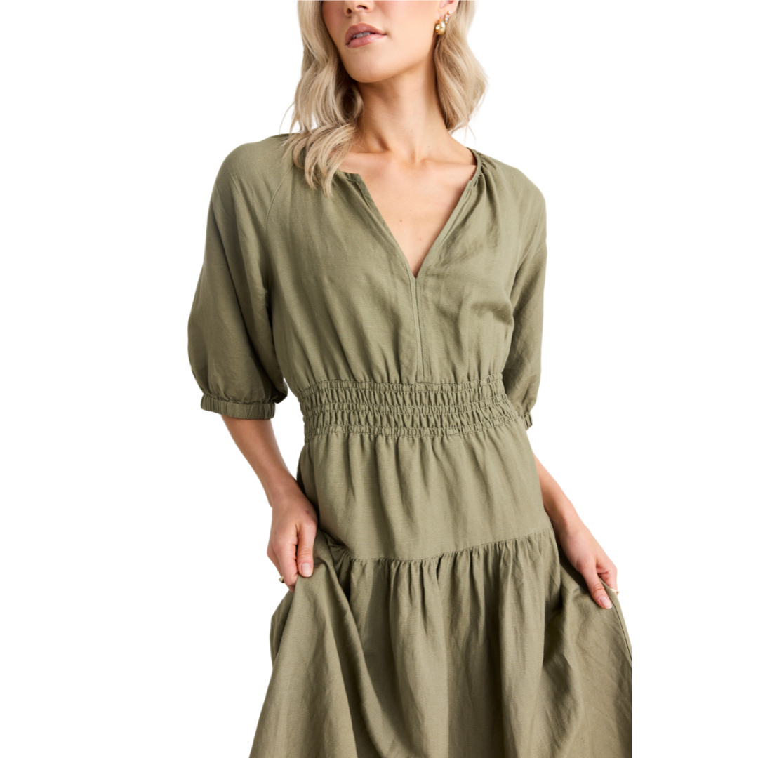 Retreat Soft Khaki Linen Blend SS Tiered Maxi Dress