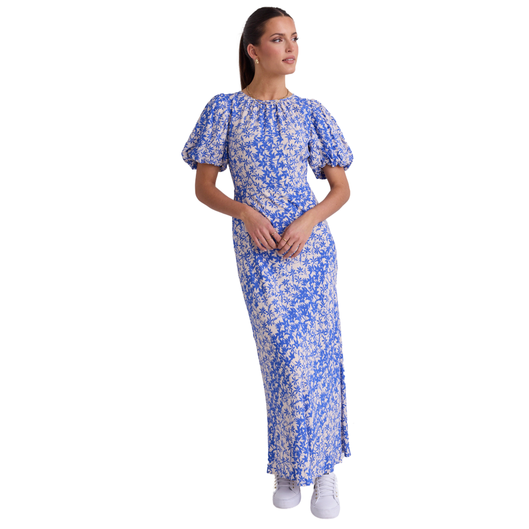 Astrid Blue Floral Puff Sleeve Bias Maxi Dress