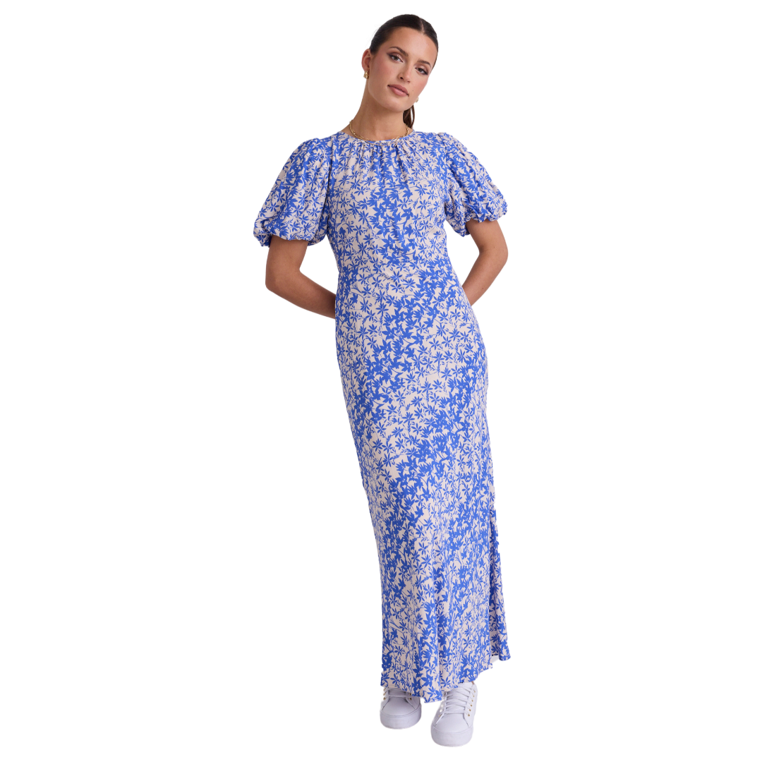 Astrid Blue Floral Puff Sleeve Bias Maxi Dress