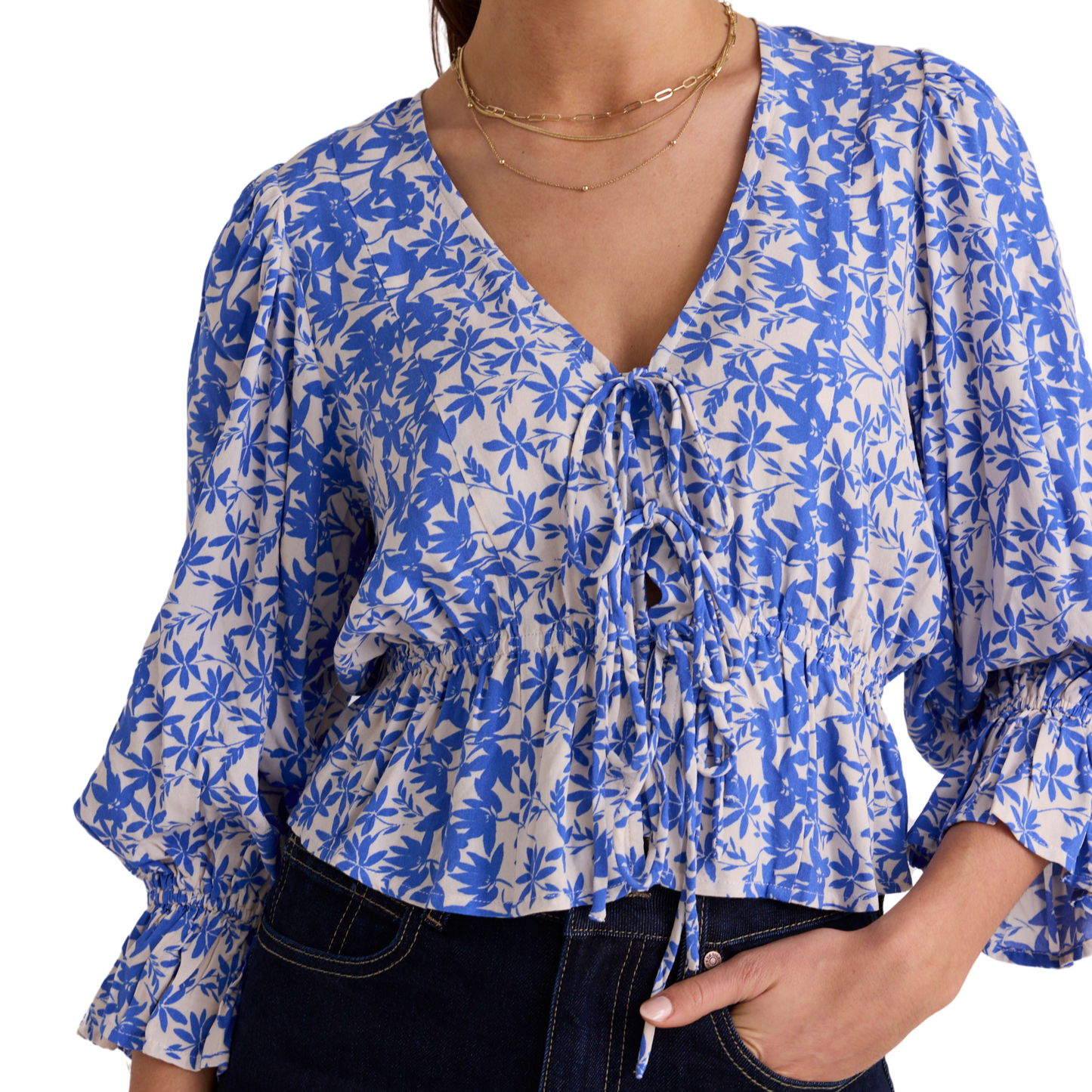 Liberation Blue Floral Bow Front Short Sleeve Top