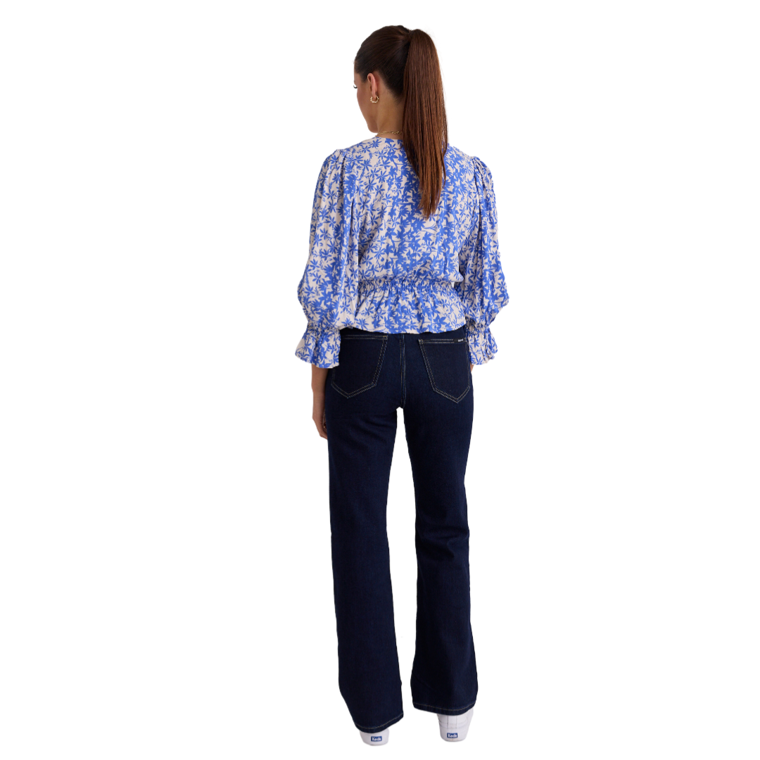 Liberation Blue Floral Bow Front Short Sleeve Top