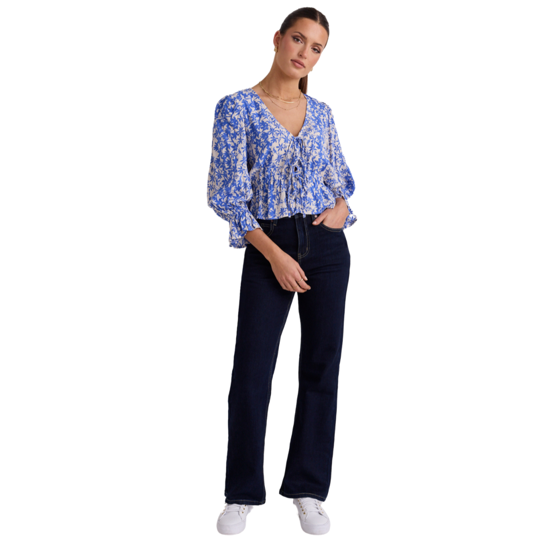 Liberation Blue Floral Bow Front Short Sleeve Top