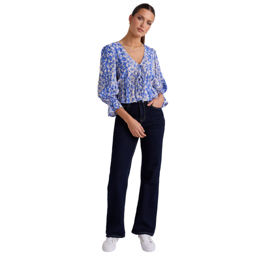 Liberation Blue Floral Bow Front Short Sleeve Top