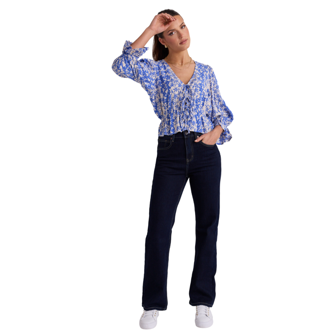 Liberation Blue Floral Bow Front Short Sleeve Top