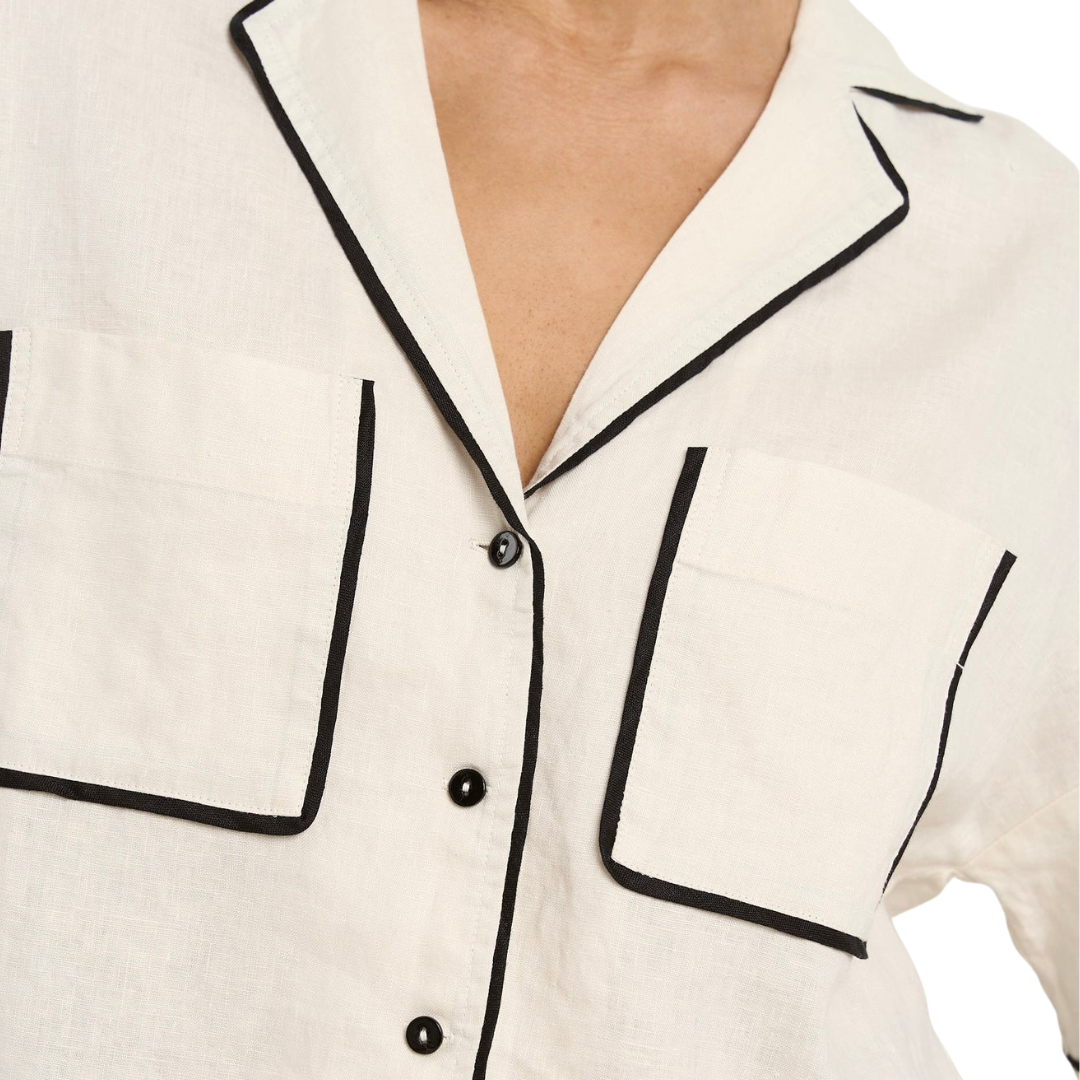 Culture Cream Black Trim Linen Boxy SS Shirt - Cream