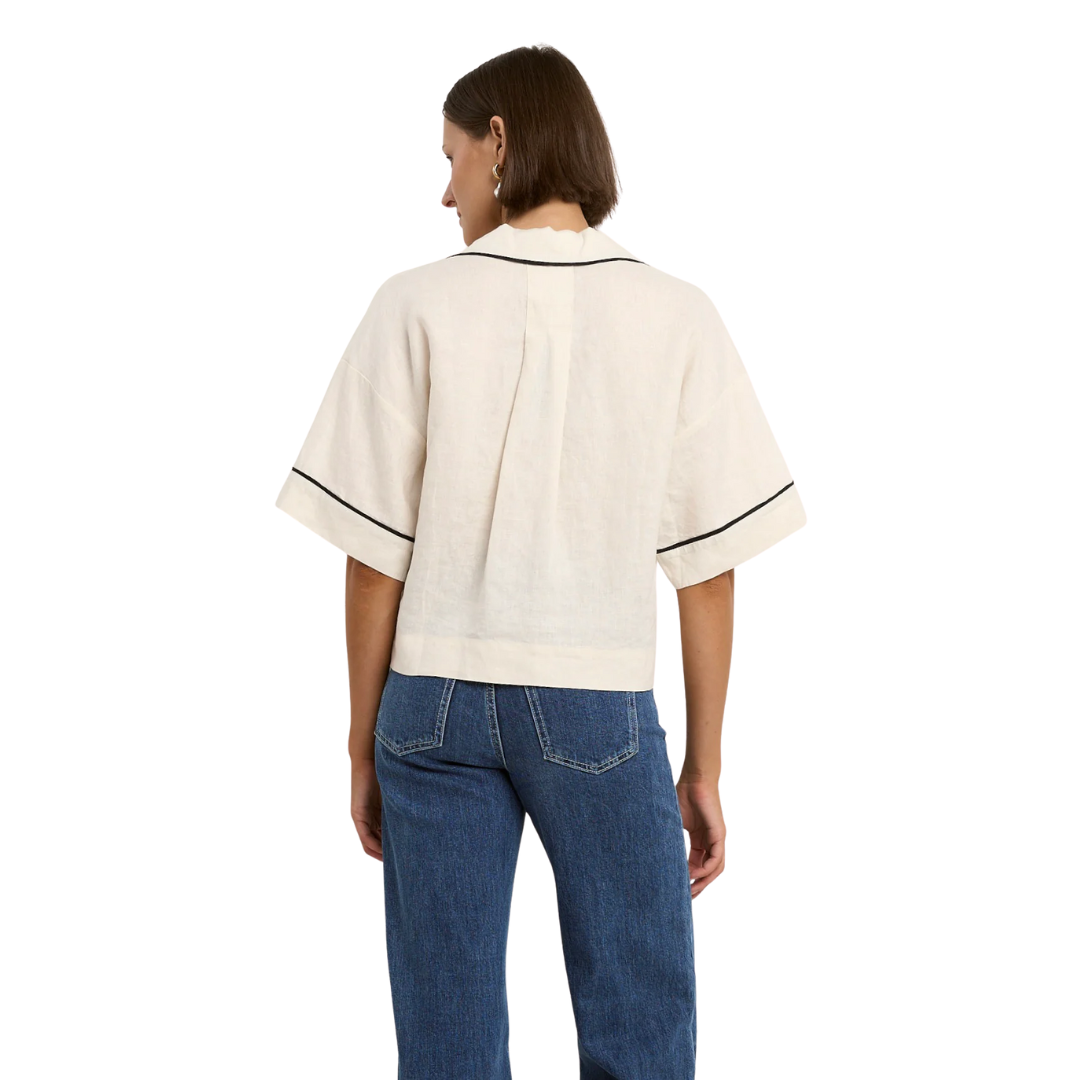 Culture Cream Black Trim Linen Boxy SS Shirt - Cream