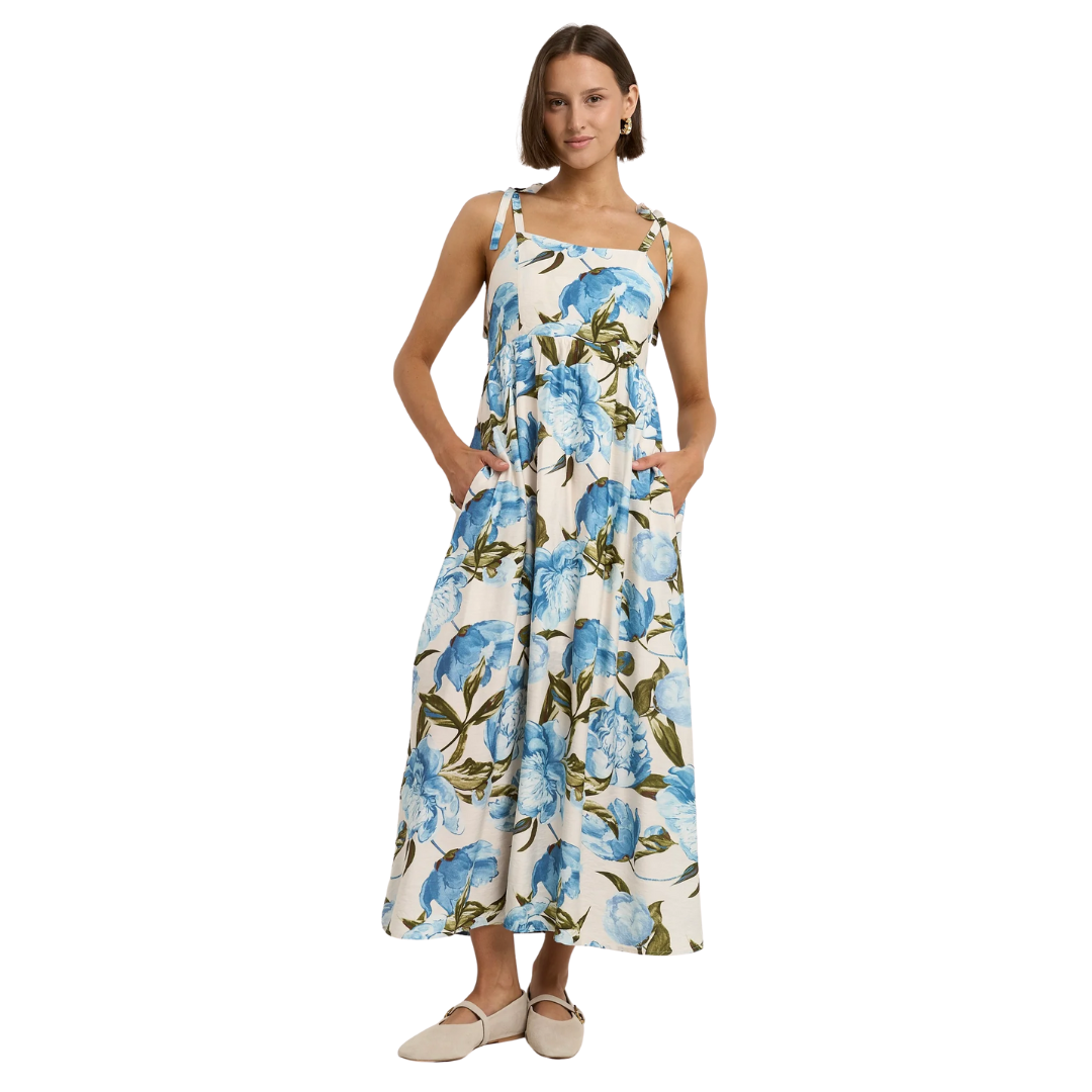 Nimbus Blue Vintage Floral Tie Strap Maxi Dress