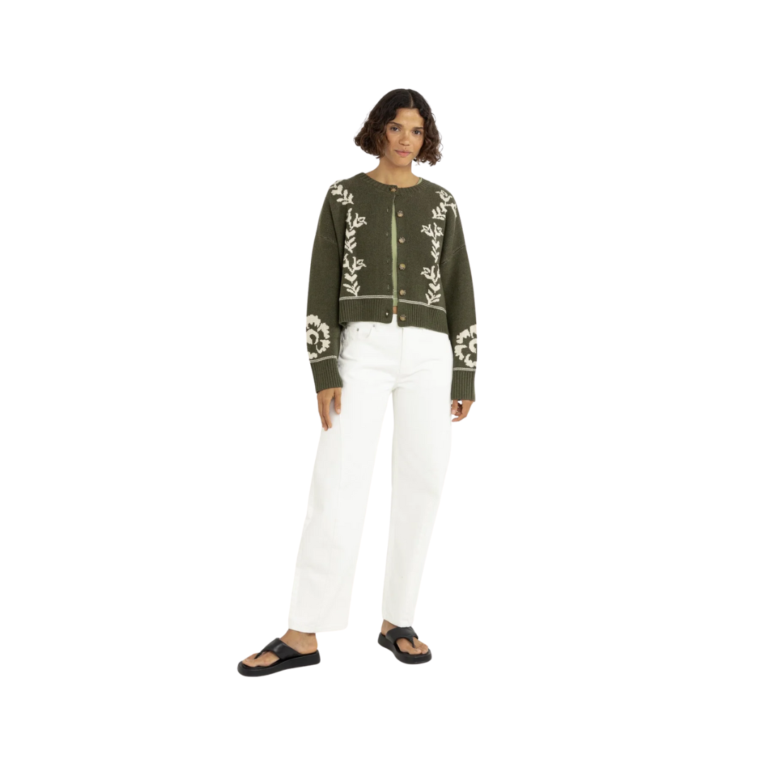 Antique Floral Crop Cardigan Olive