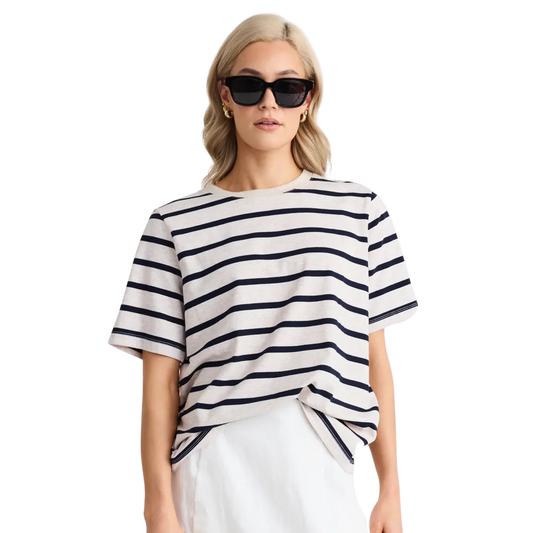 Binding Ecru Navy Stripe Boxy Fit Tee