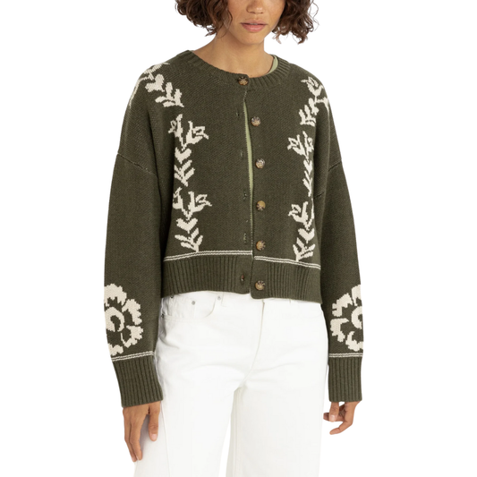 Antique Floral Crop Cardigan Olive