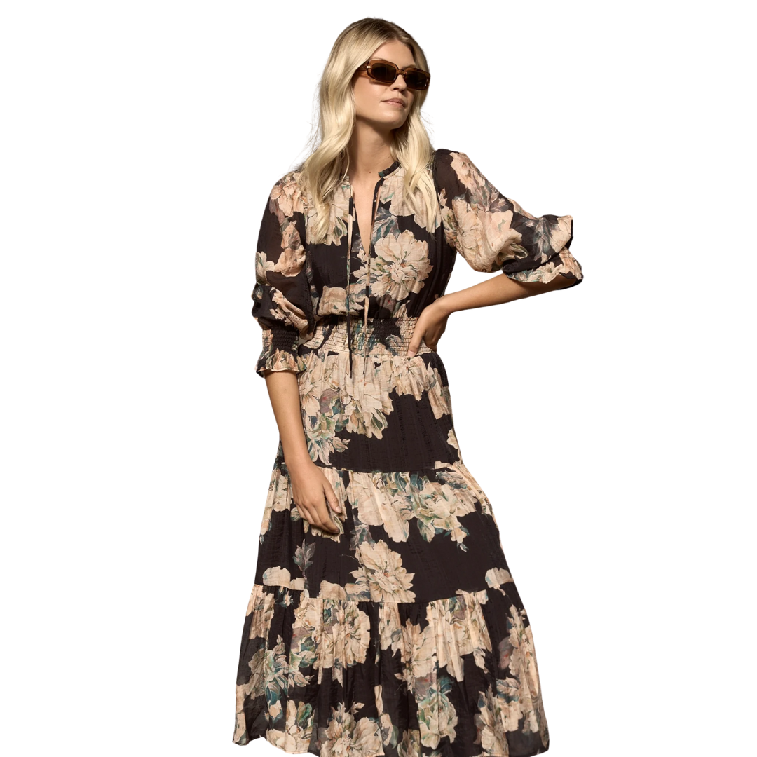 Addition Navy Peach Floral  shirred Waist Tiered Maxi Dress