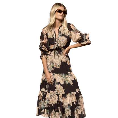 Addition Navy Peach Floral  shirred Waist Tiered Maxi Dress