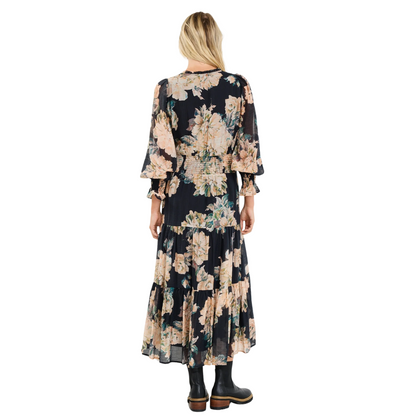 Addition Navy Peach Floral  shirred Waist Tiered Maxi Dress