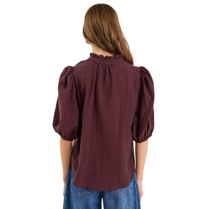 Continuance Chocolate Semi Sheer High Neck Buttoned Short Sleeve Top