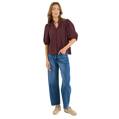 Continuance Chocolate Semi Sheer High Neck Buttoned Short Sleeve Top