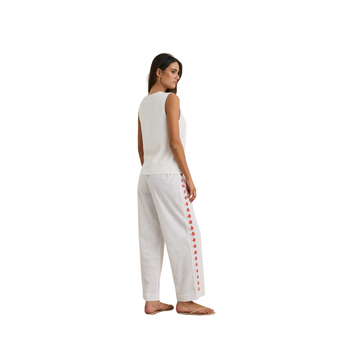 Melia Floral Embroidered Beach Pant - White
