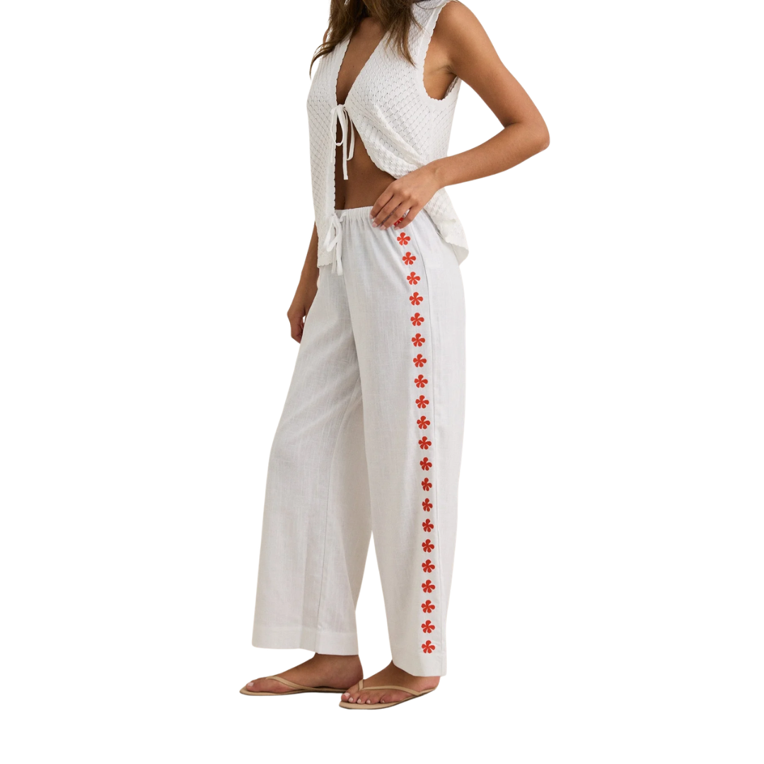 Melia Floral Embroidered Beach Pant - White