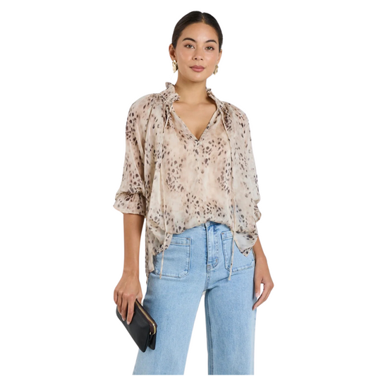 Odyssey Beige Leopard Georgette Shirred Neck LS Top - Beige Leopard