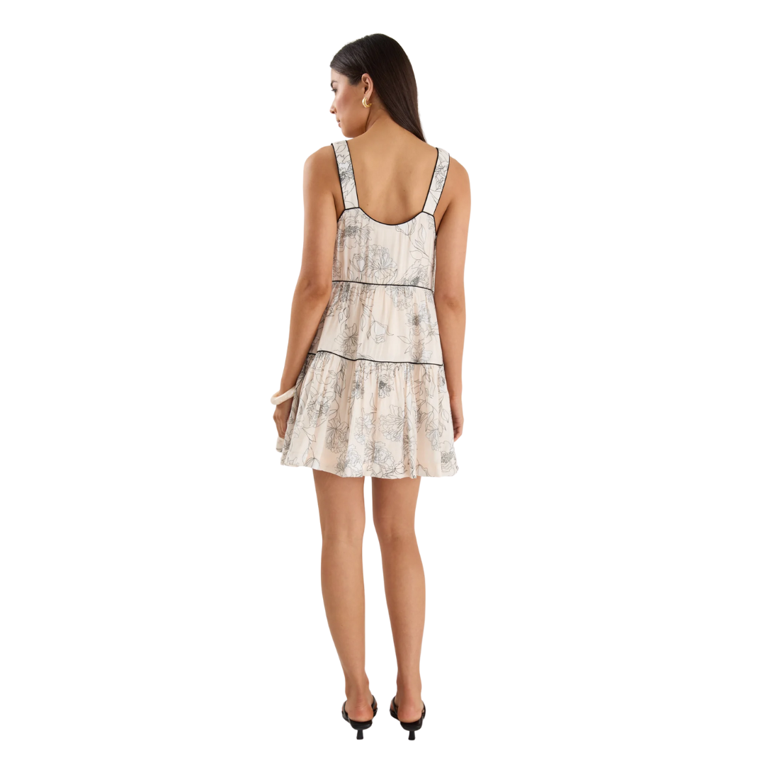Rhythm Ivory Sketch Floral Strappy Tiered Mini Dress