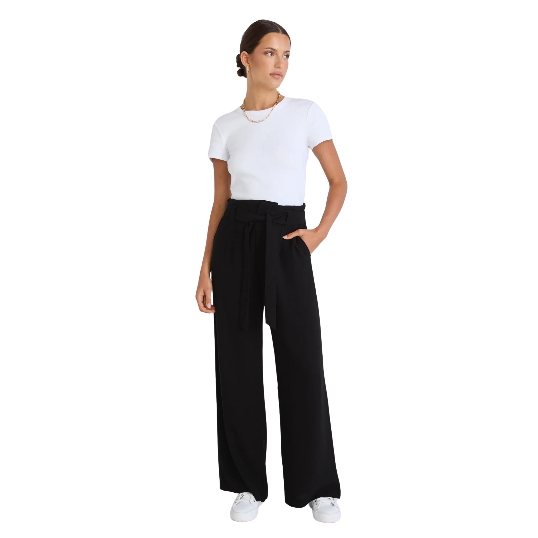 Sydney Black Crepe Wide Leg Tie Belt Pant