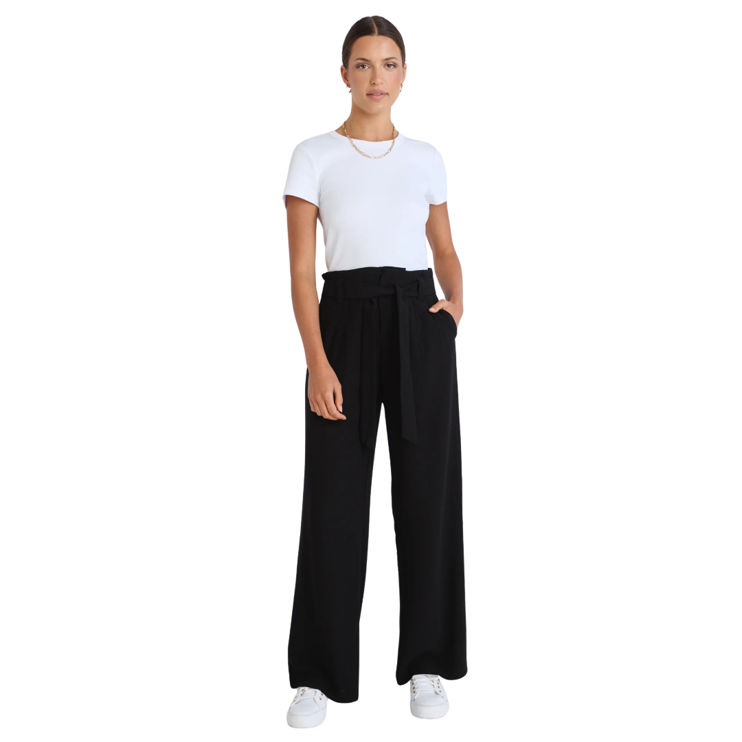 Sydney Black Crepe Wide Leg Tie Belt Pant
