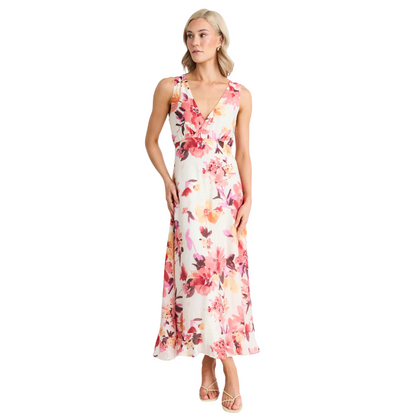 Angelic Vintage Blush Floral Sleeveless Frill Hem Midi Dress