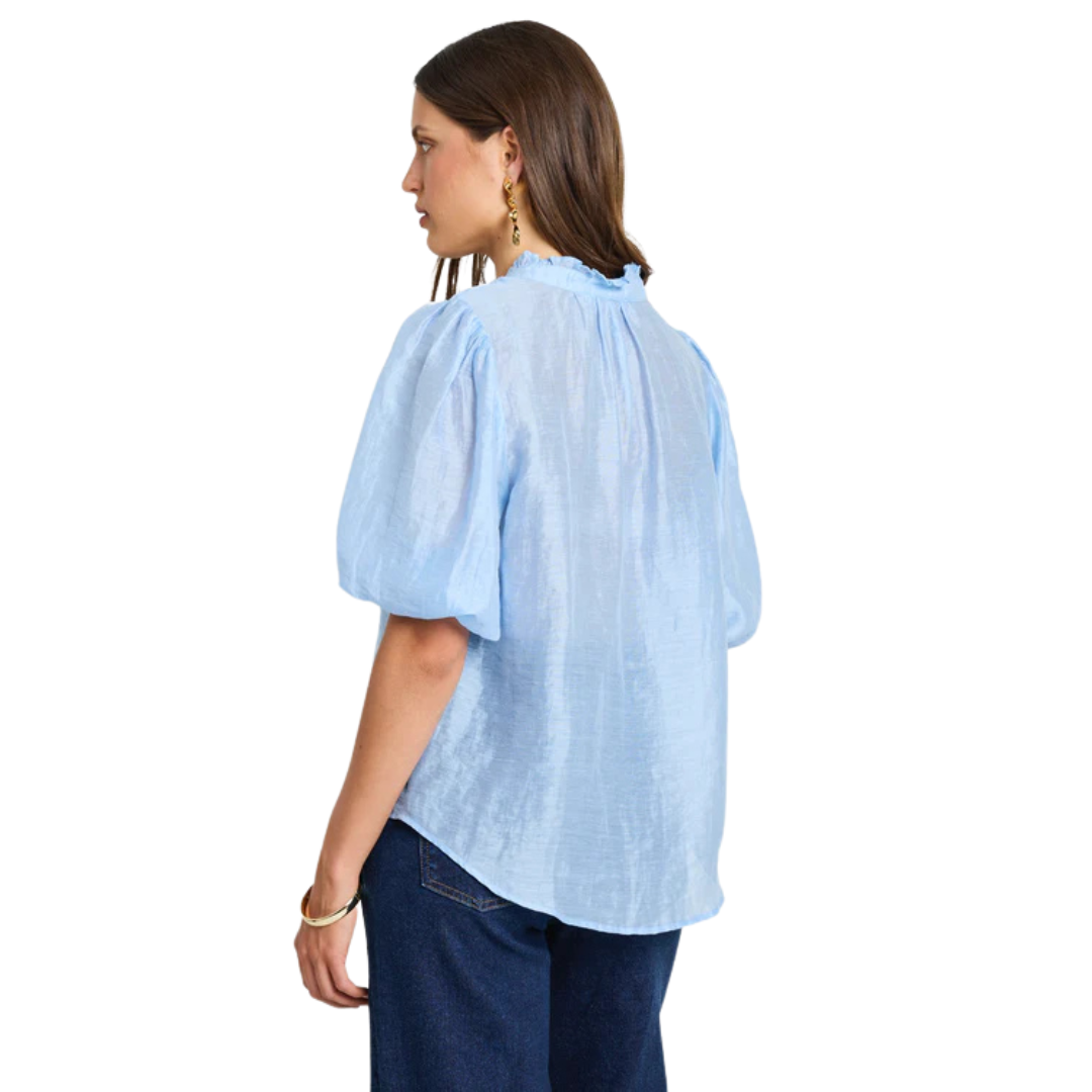 Closure Pale Blue Sheer High Neck Buttoned SS Top