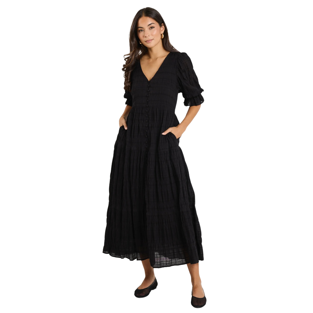 Dreamy Black Bubble SS Button Front Tiered Maxi Dress