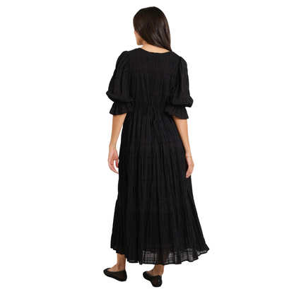 Dreamy Black Bubble SS Button Front Tiered Maxi Dress