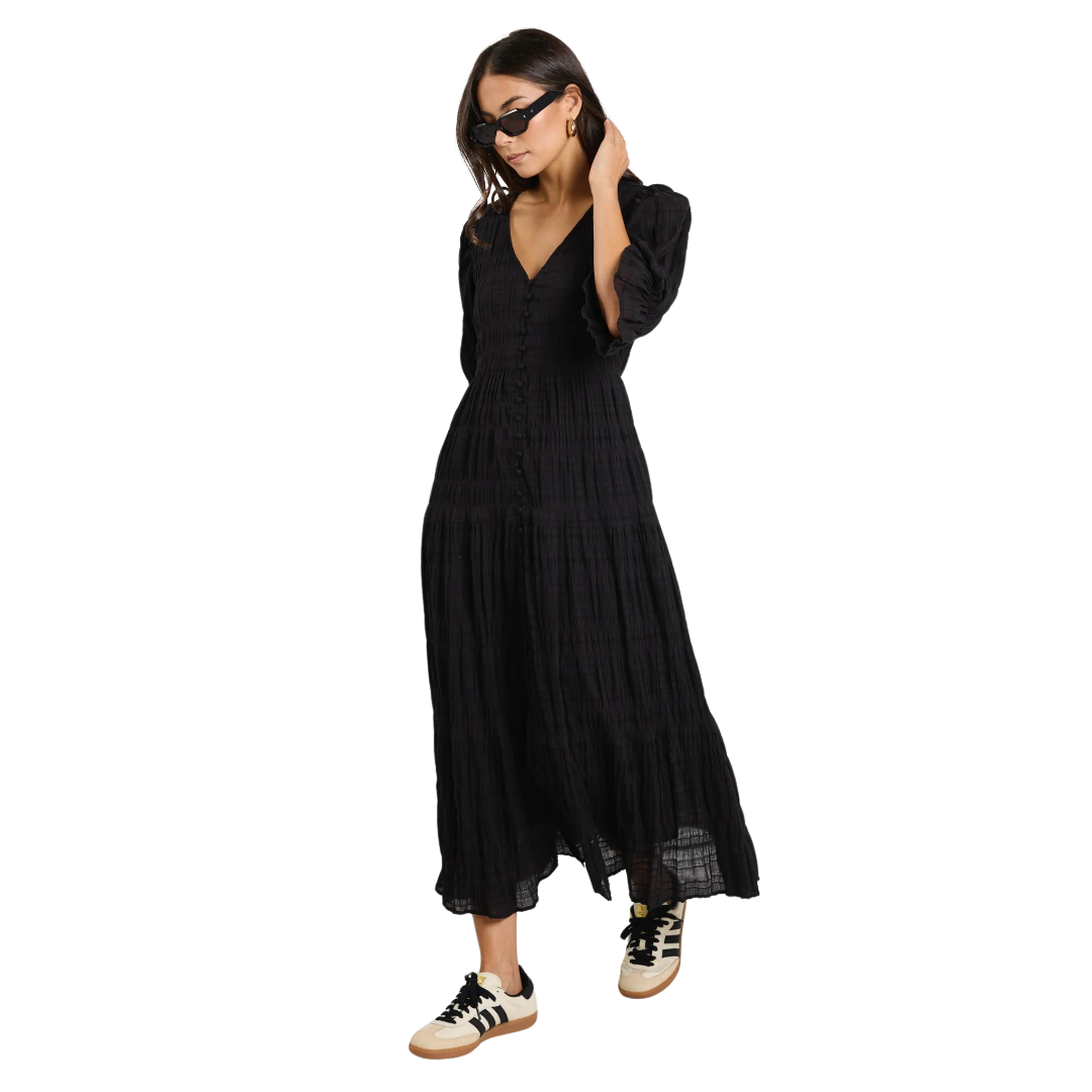 Dreamy Black Bubble SS Button Front Tiered Maxi Dress