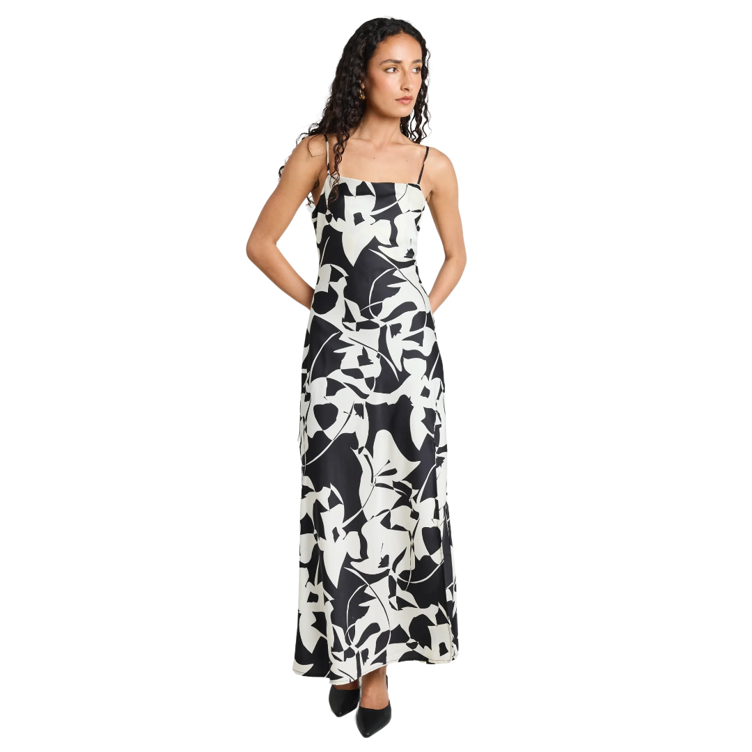 Showstopper Black White Satin Strappy Bias Slip Dress