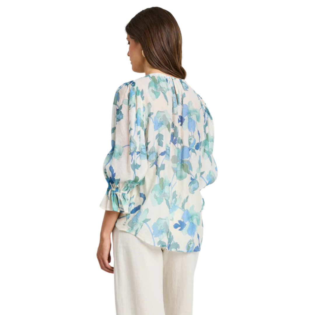 Candid Blue Cream Floral Frill Sleeve Crew Neck SS Top