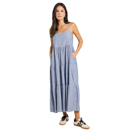 Eden Chambray Blue Strappy Tiered Midi Dress