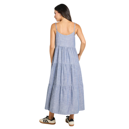 Eden Chambray Blue Strappy Tiered Midi Dress