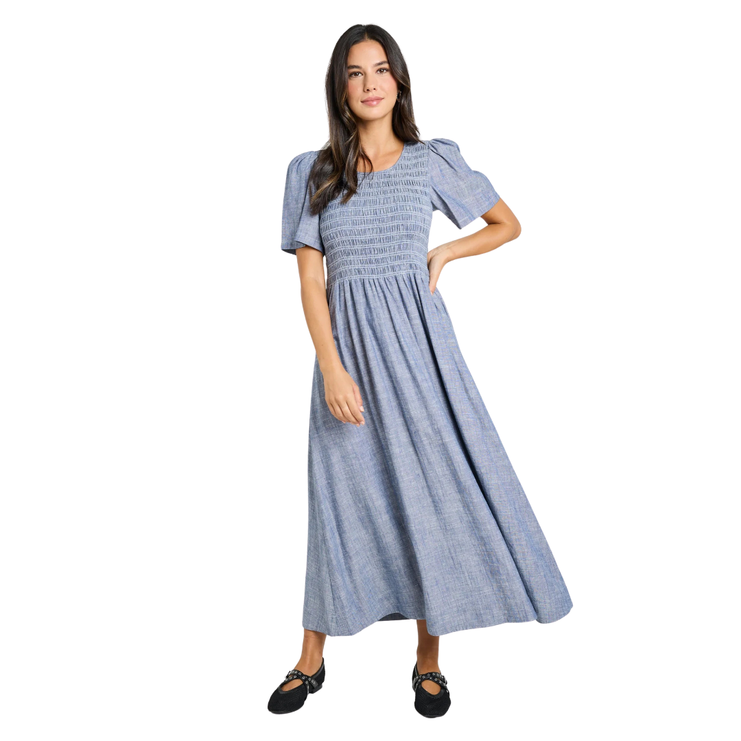 Wren Chambray Blue SS Shirred Bodice Midi Dress