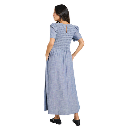 Wren Chambray Blue SS Shirred Bodice Midi Dress