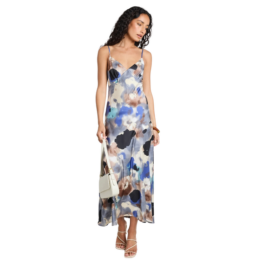 Otherworldly Navy Multi Watercolour Satin Bias Midi Slip Dress