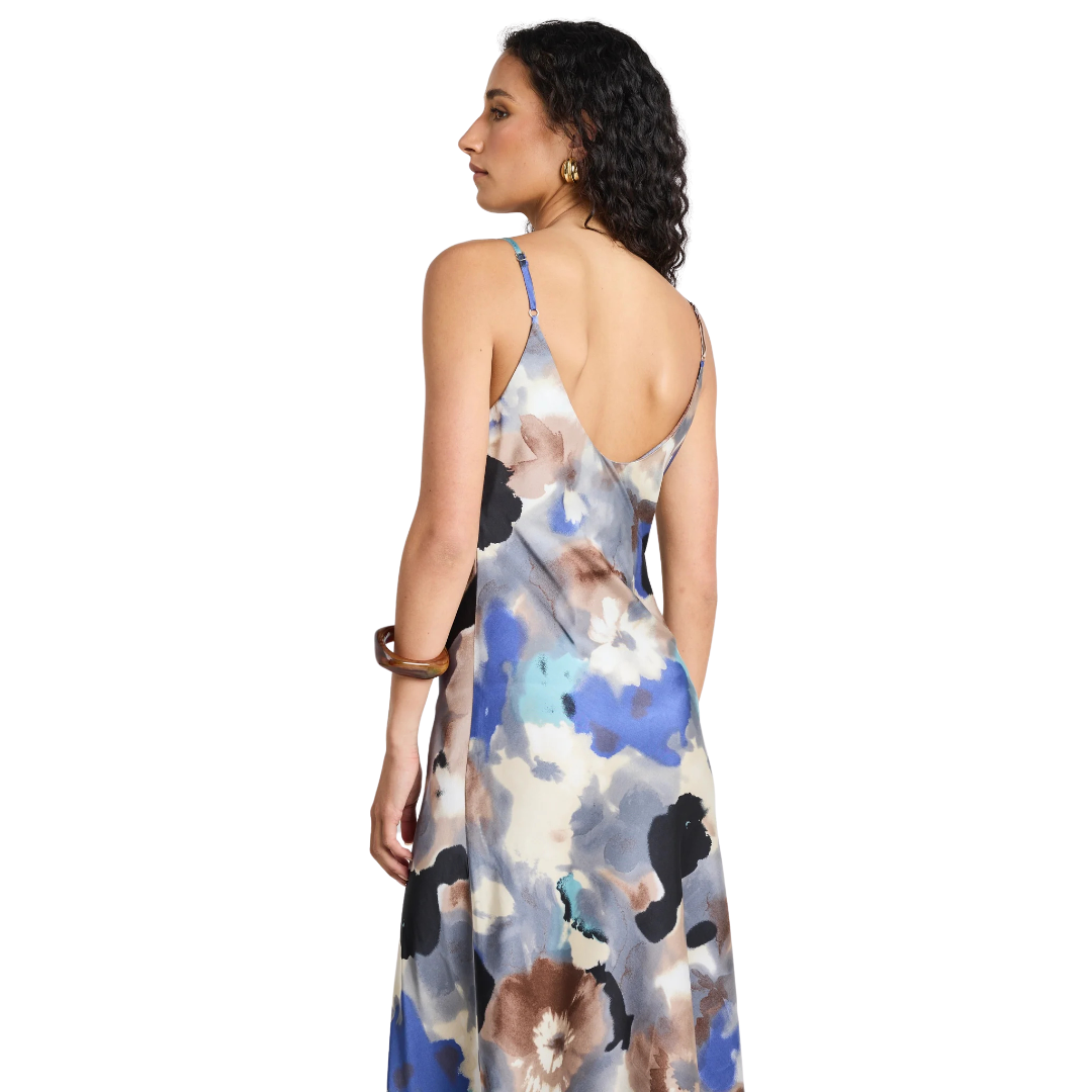Otherworldly Navy Multi Watercolour Satin Bias Midi Slip Dress
