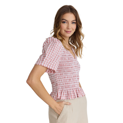 Mellow Blush Gingham Shirred V Neck Short Sleeve Top