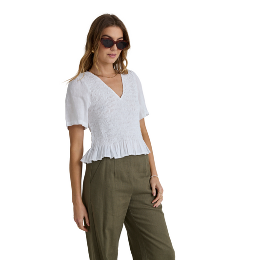 Mellow White Linen V Neck SS Shirred Top