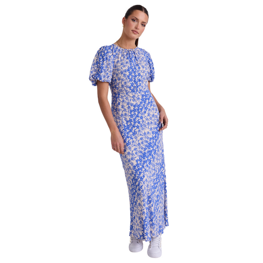 Astrid Blue Floral Puff Sleeve Bias Maxi Dress